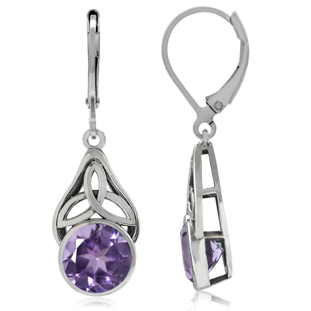 Silvershake 3.32ct. Natural Amethyst 925 Sterling Silver Triquetra Celtic Knot Leverback Dangle Earrings - Silvershake-store