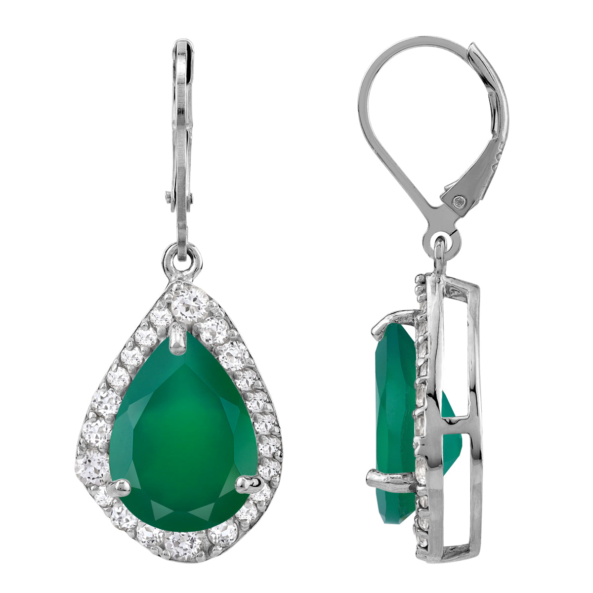 Silvershake Huge 9.18ct. Emerald Green Agate and White Topaz Gold Plated 925 Sterling Silver Leverback Earrings - Silvershake-store