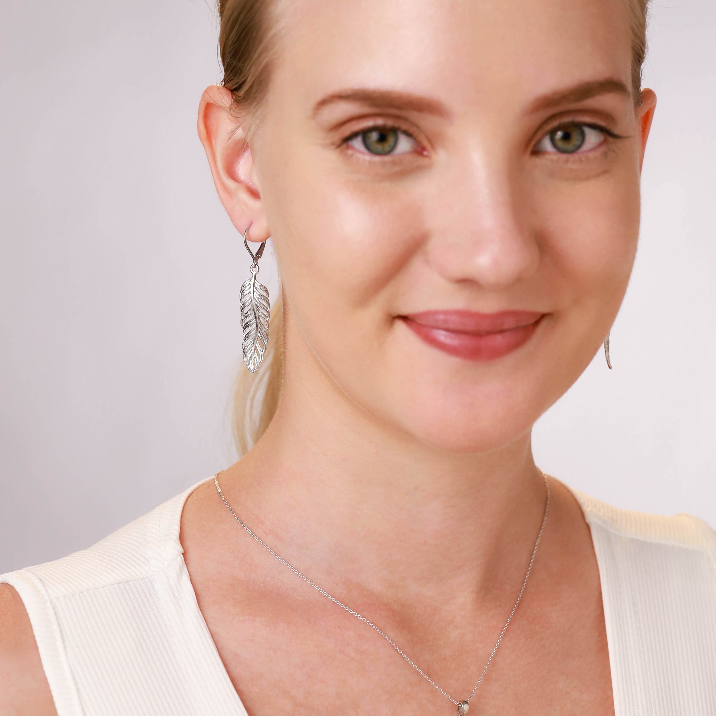 Silvershake White Gold Plated 925 Sterling Silver Feather Leverback Dangle Earrings - Silvershake-store