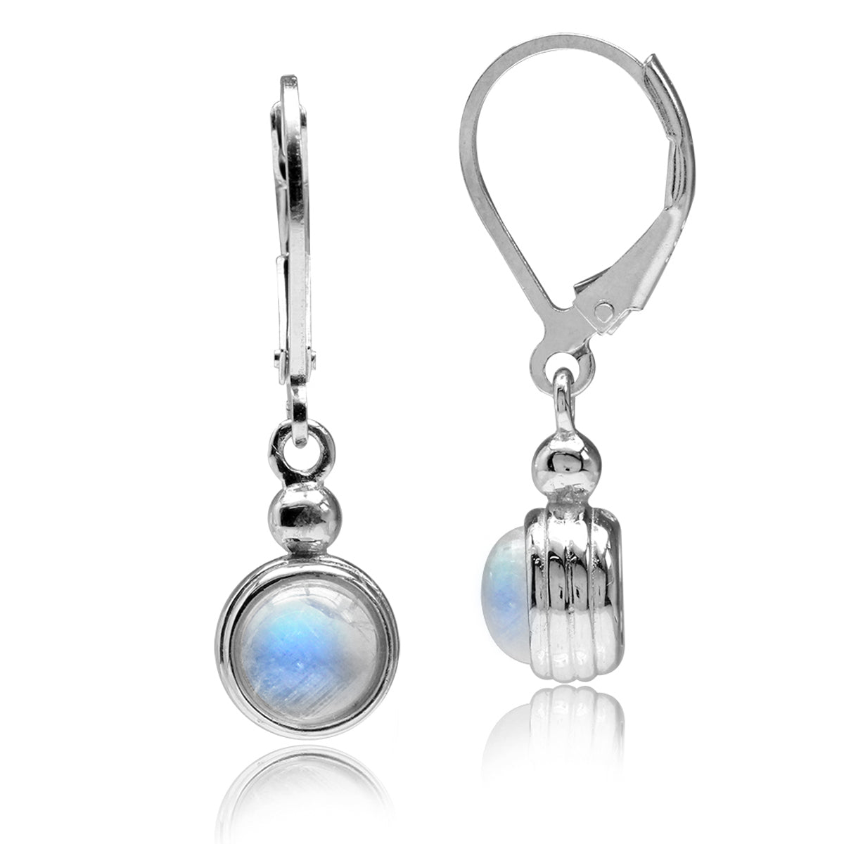 6MM Natural Round Shape Moonstone White Gold Plated 925 Sterling Silver Casual Leverback Dangle Earrings - Silvershake-store
