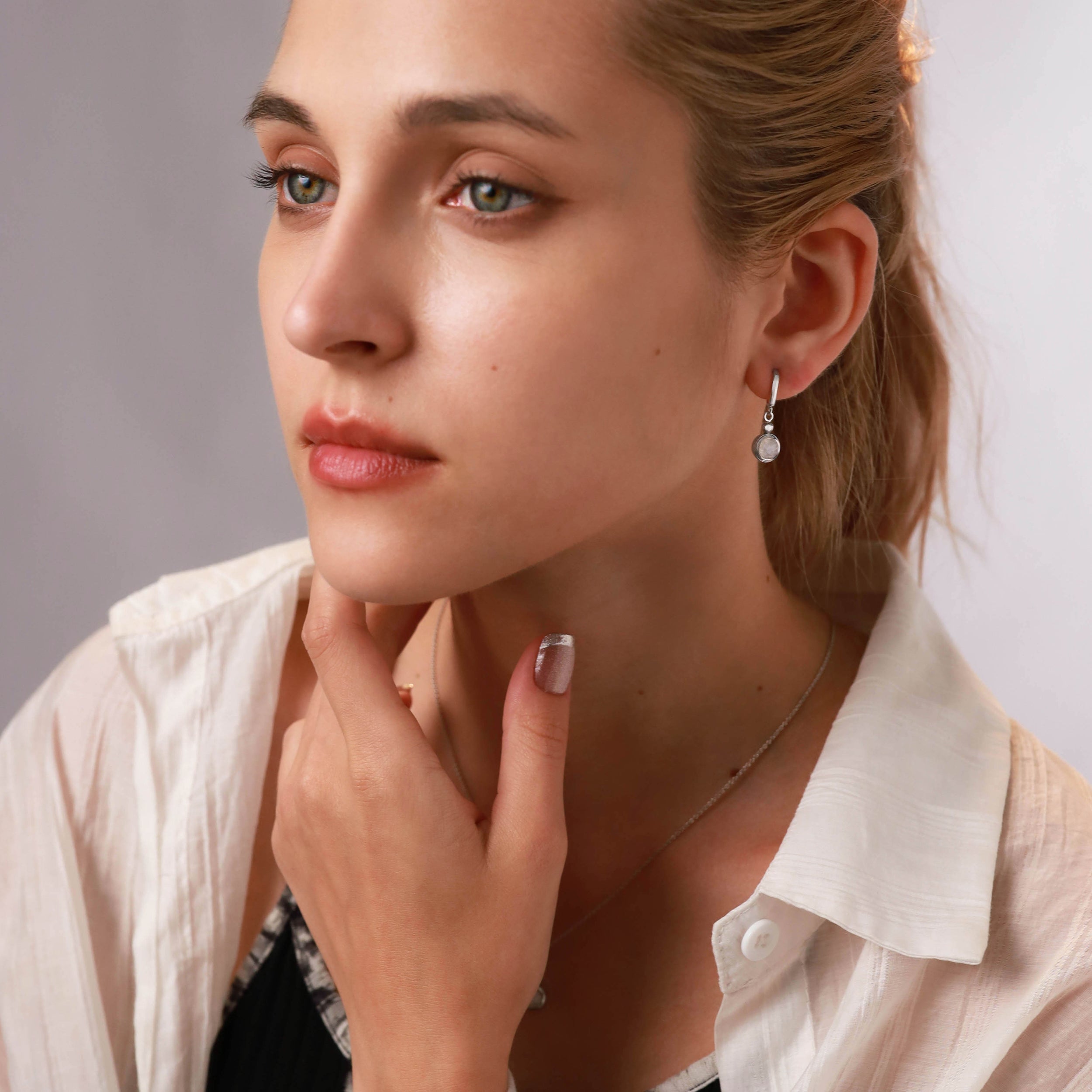 6MM Natural Round Shape Moonstone White Gold Plated 925 Sterling Silver Casual Leverback Dangle Earrings - Silvershake-store