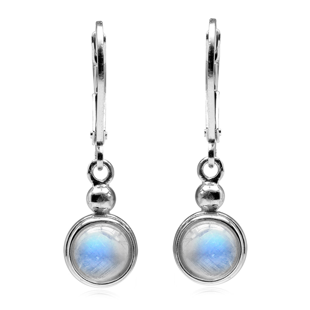 6MM Natural Round Shape Moonstone White Gold Plated 925 Sterling Silver Casual Leverback Dangle Earrings - Silvershake-store