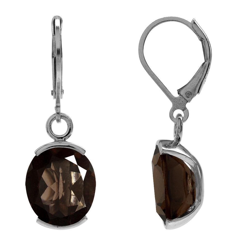 8.92ct. 12x10mm Natural Oval Shape Smoky Quartz 925 Sterling Silver Leverback Dangle Earrings - Silvershake-store