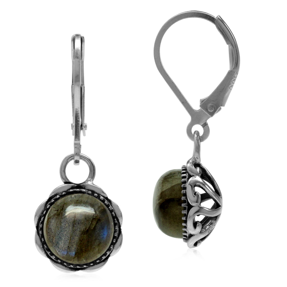 Natural Labradorite 925 Sterling Silver Filigree Leverback Dangle Earrings - Silvershake-store