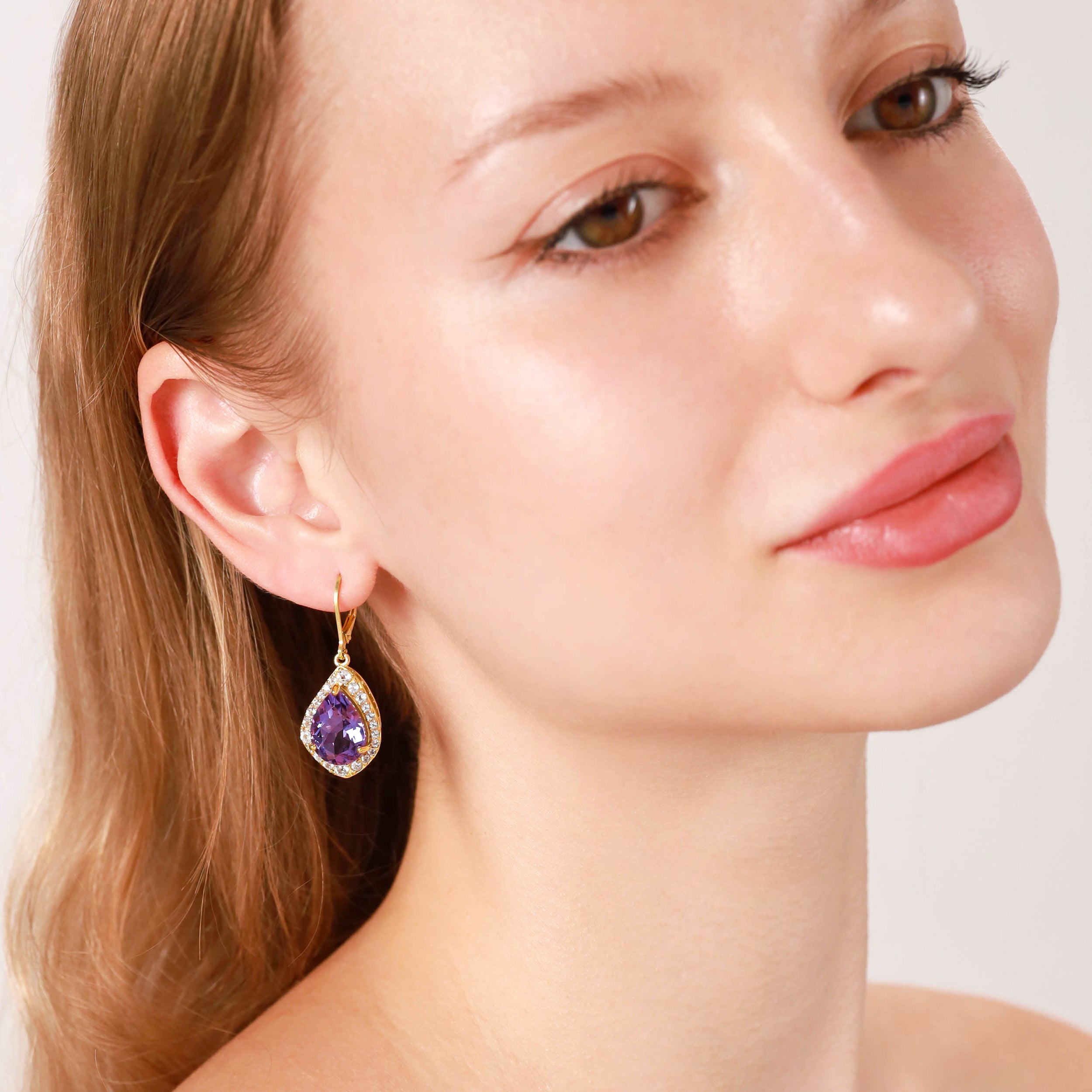 Silvershake Huge 8.98ct. Natural Amethyst and White Topaz Gold Plated 925 Sterling Silver Leverback Earrings - Silvershake-store
