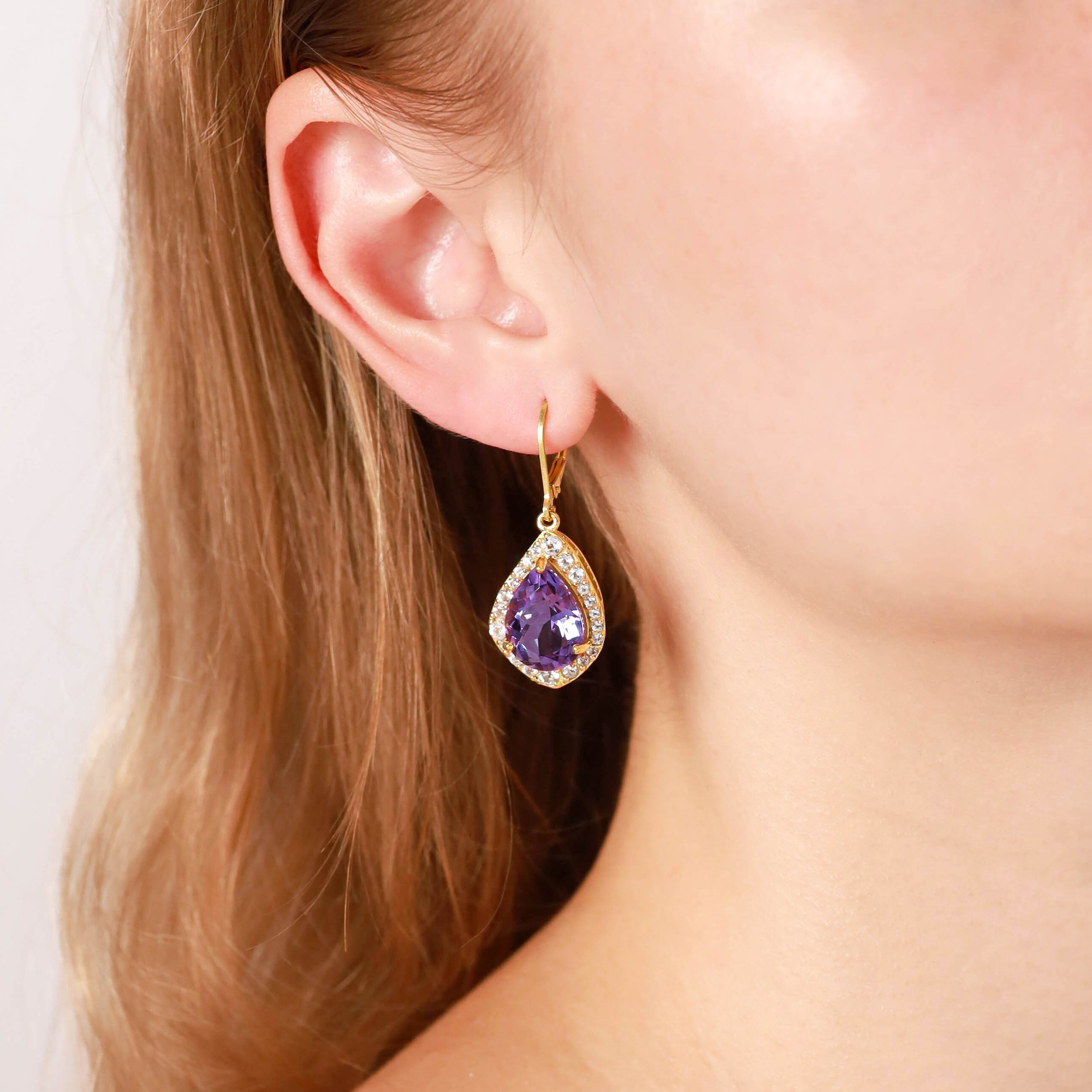 Silvershake Huge 8.98ct. Natural Amethyst and White Topaz Gold Plated 925 Sterling Silver Leverback Earrings - Silvershake-store