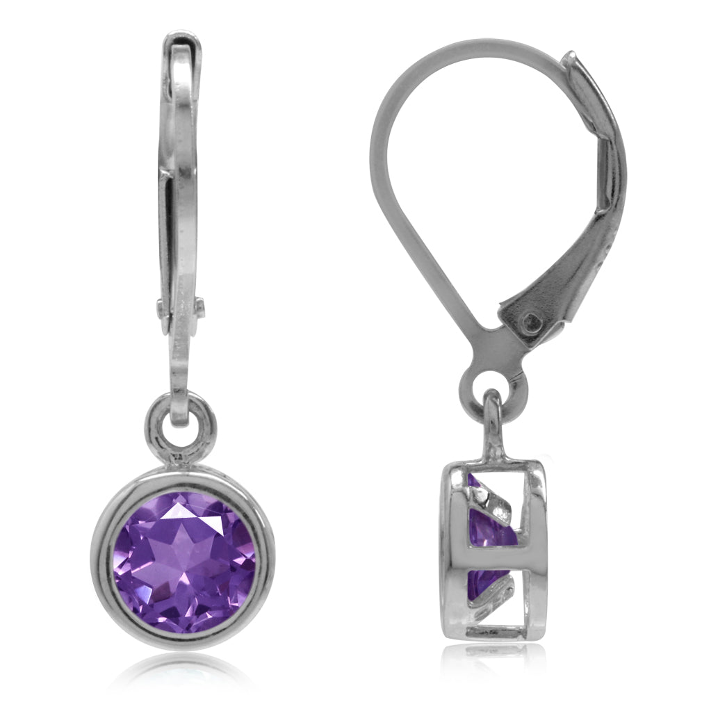 1.6ct. 6mm Natural African Amethyst 925 Sterling Silver Bezel Set Leverback Dangle Earrings - Silvershake-store