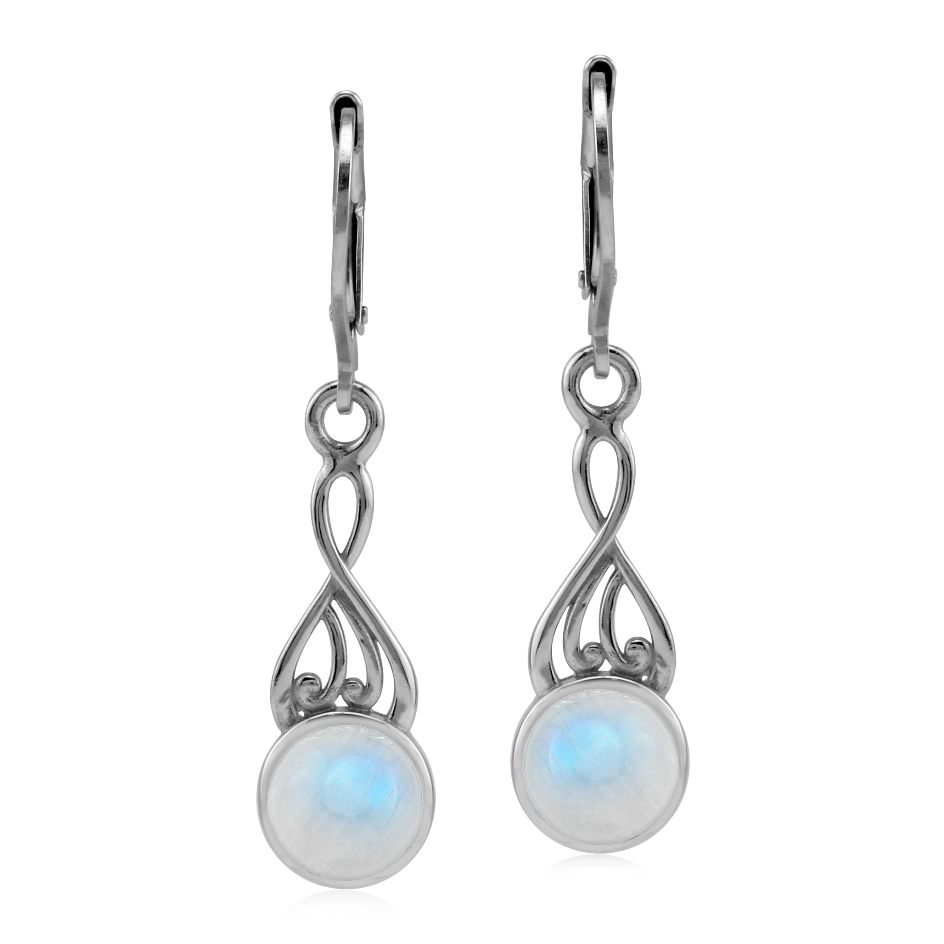 Silvershake 7mm Natural Rainbow Moonstone White Gold Plated 925 Sterling Silver Victorian Swirl Style Leverback Dangle Earrings June Gemstone Birthstone - Silvershake-store