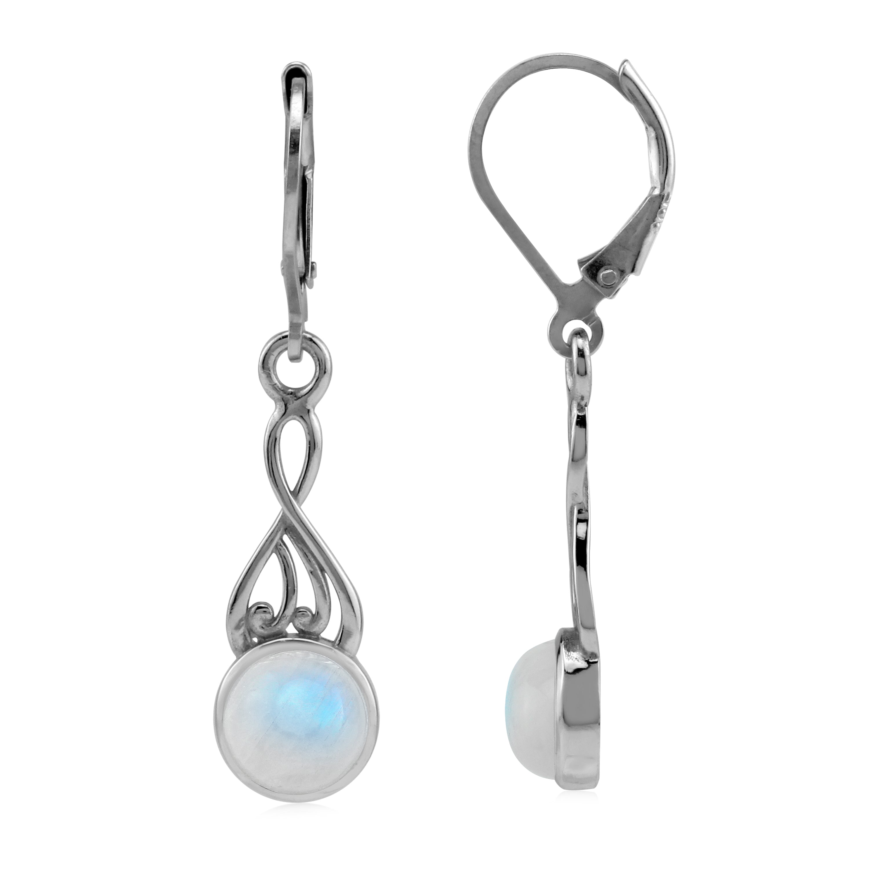 Silvershake 7mm Natural Rainbow Moonstone White Gold Plated 925 Sterling Silver Victorian Swirl Style Leverback Dangle Earrings June Gemstone Birthstone - Silvershake-store