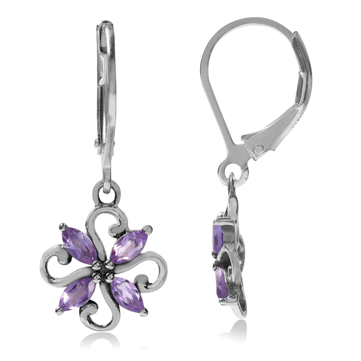 Genuine Amethyst White Gold Plated 925 Sterling Silver Victorian Style Flower Leverback Earrings - Silvershake-store
