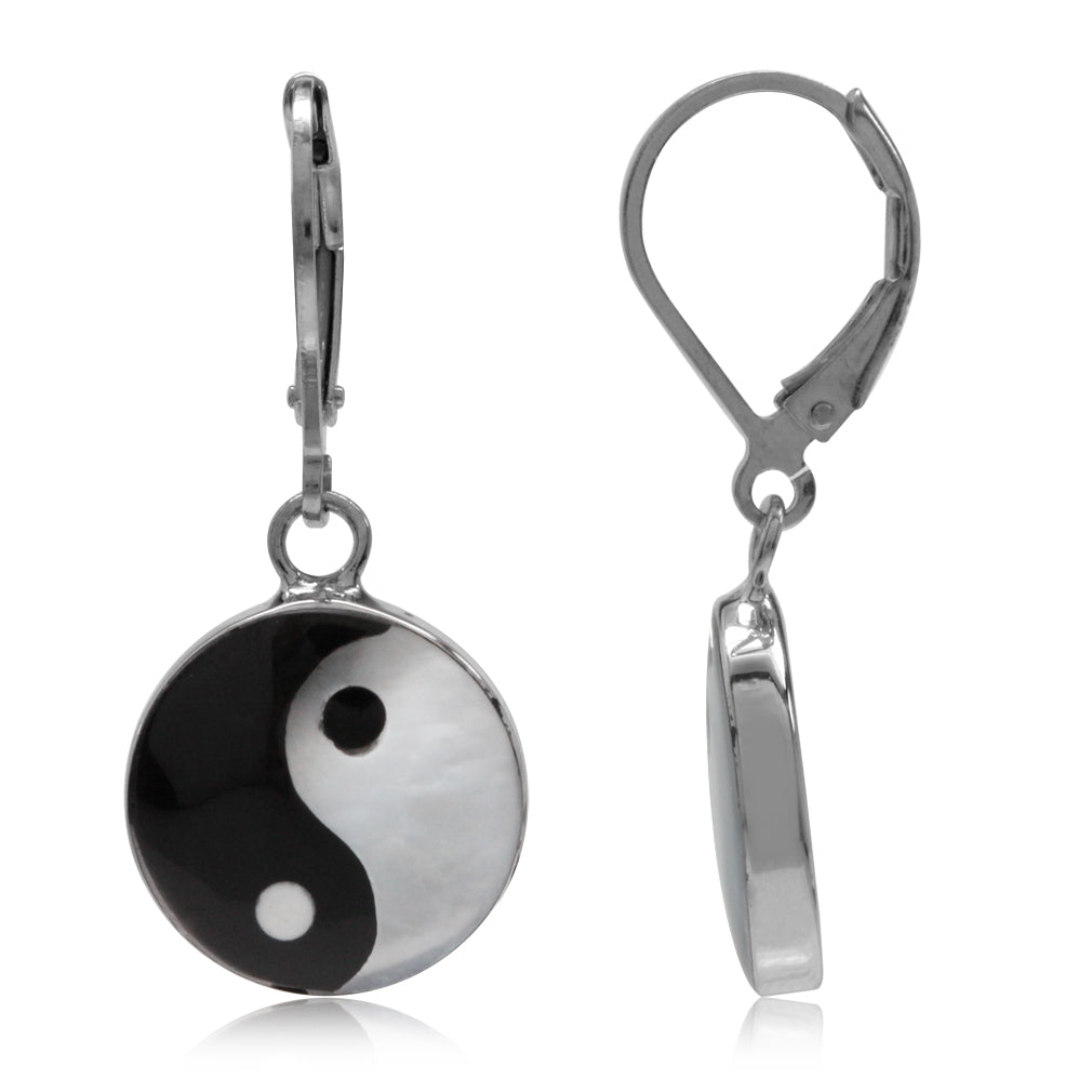 Silvershake 14mm White Mother of Pearl and Created Black Onyx 925 Sterling Silver Yin Yang Leverback Earrings - Silvershake-store
