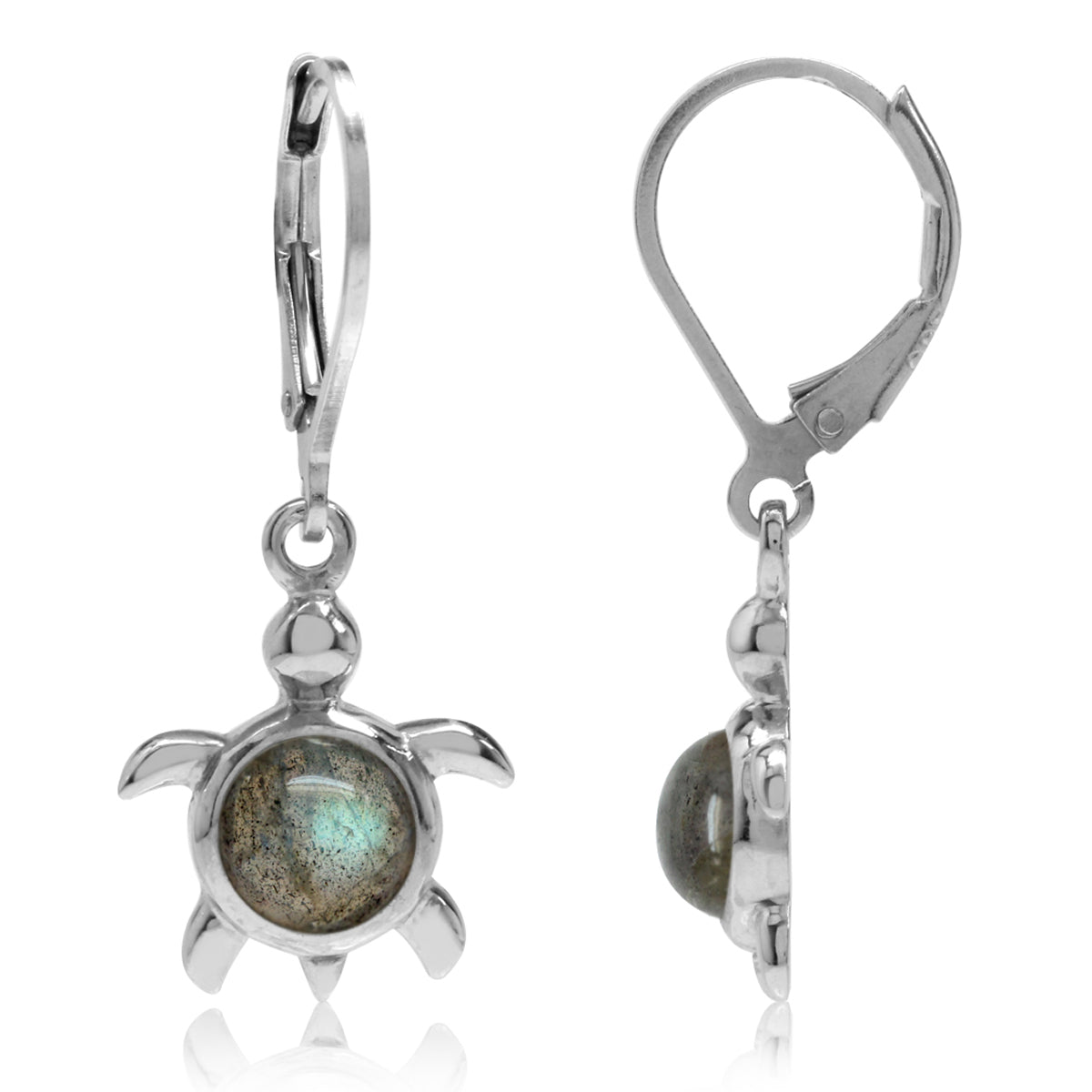Labradorite White Gold Plated 925 Sterling Silver Turtle Leverback Dangle Earrings - Silvershake-store