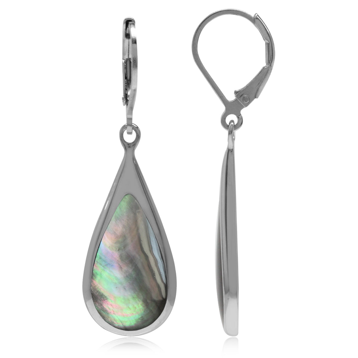 Black Mother of Pearl Inlay White Gold Plated 925 Sterling Silver Drop Dangle Leverback Earrings - Silvershake-store