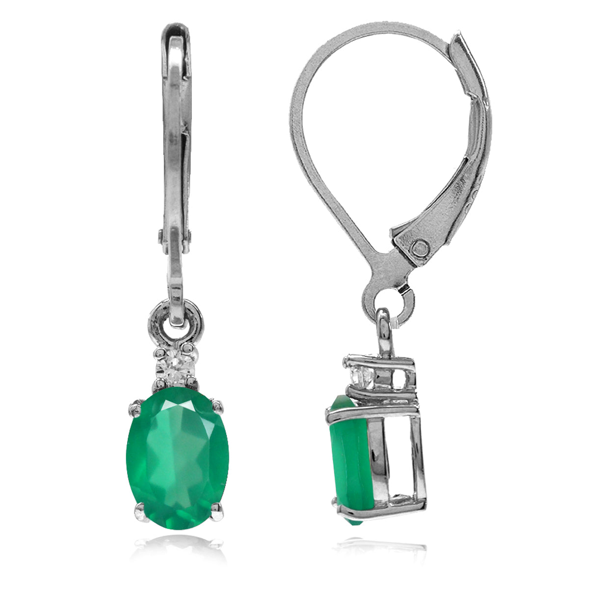 1.5ct. Natural Emerald Green Agate and White Topaz Gold Plated 925 Sterling Silver Leverback Earrings - Silvershake-store