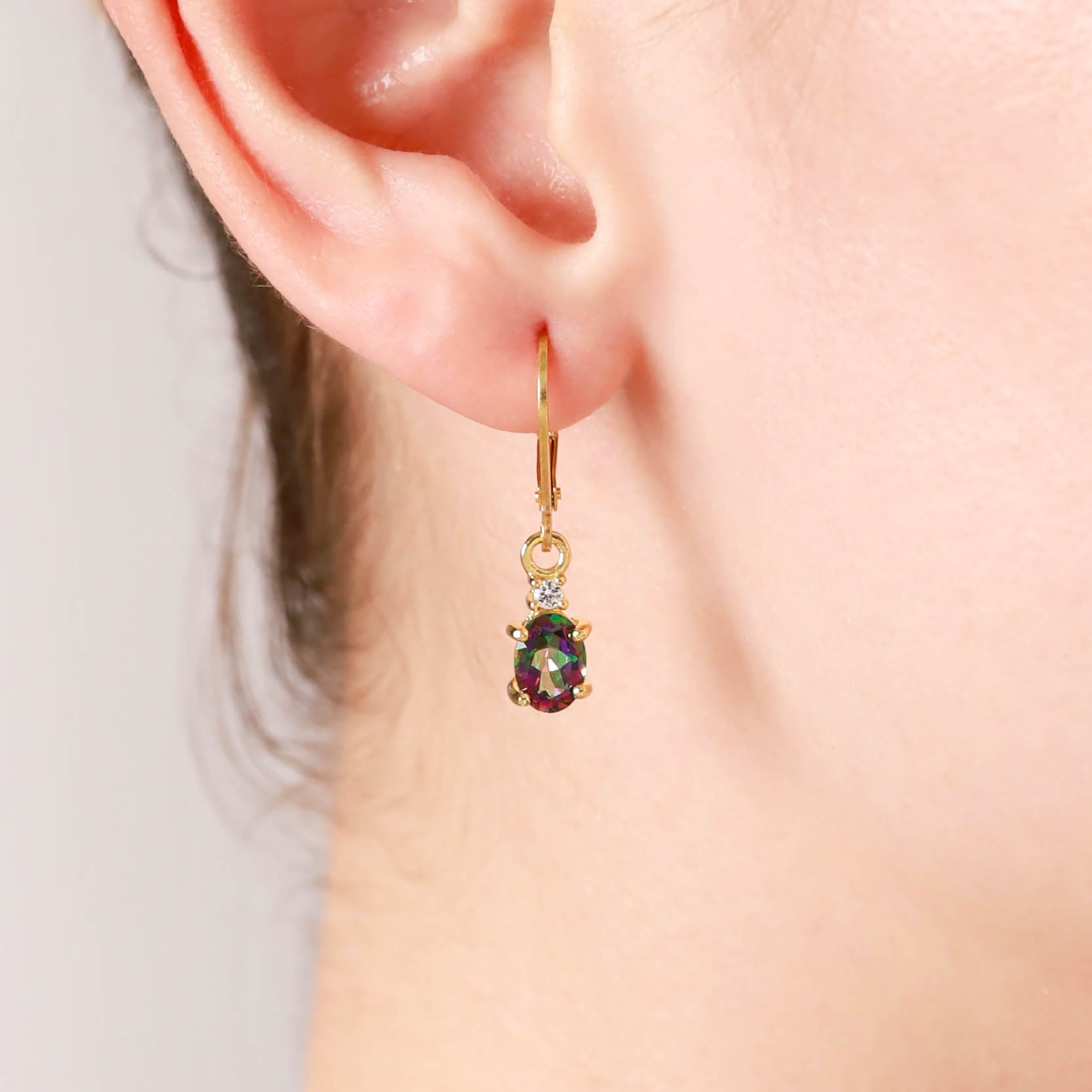 1.5ct. Natural Emerald Green Agate and White Topaz Gold Plated 925 Sterling Silver Leverback Earrings - Silvershake-store