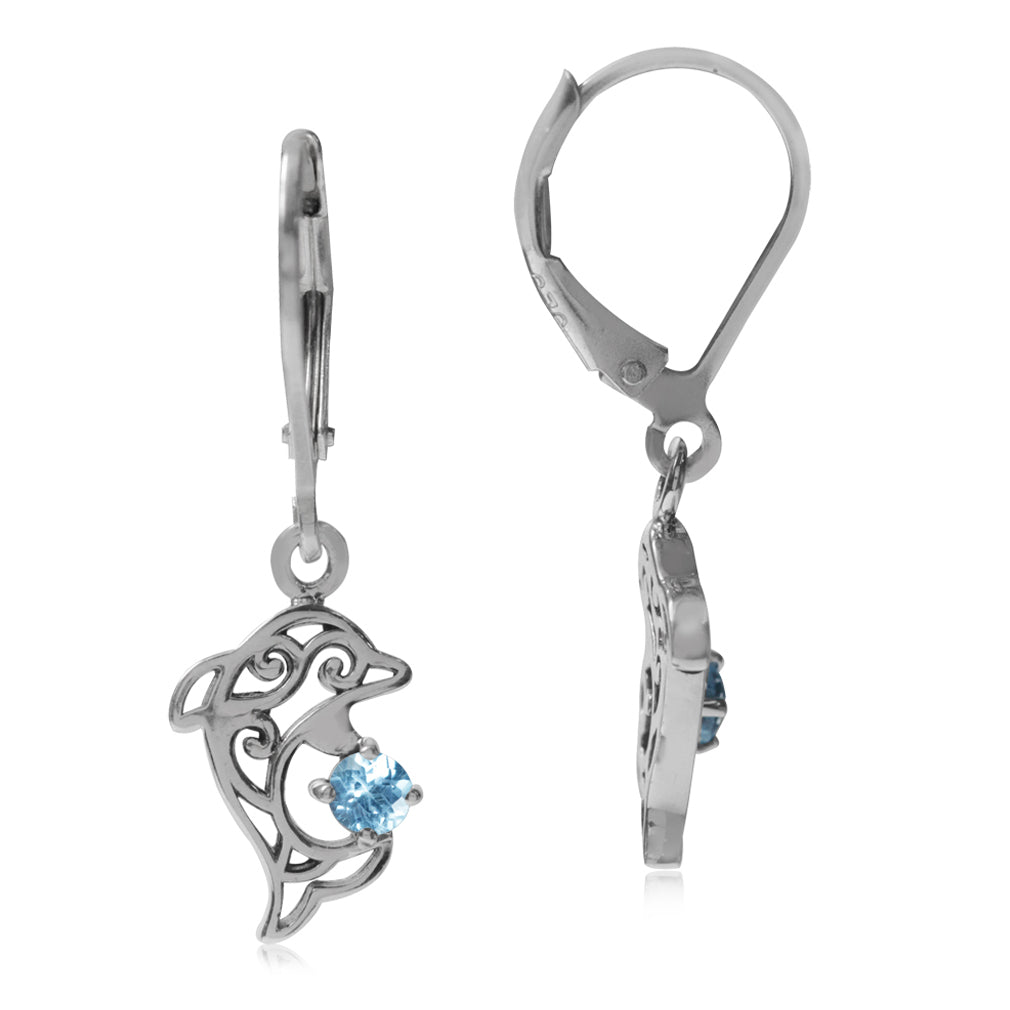 Silvershake Petite Genuine Blue Topaz 925 Sterling Silver Dolphin Filigree Leverback Dangle Earrings - Silvershake-store
