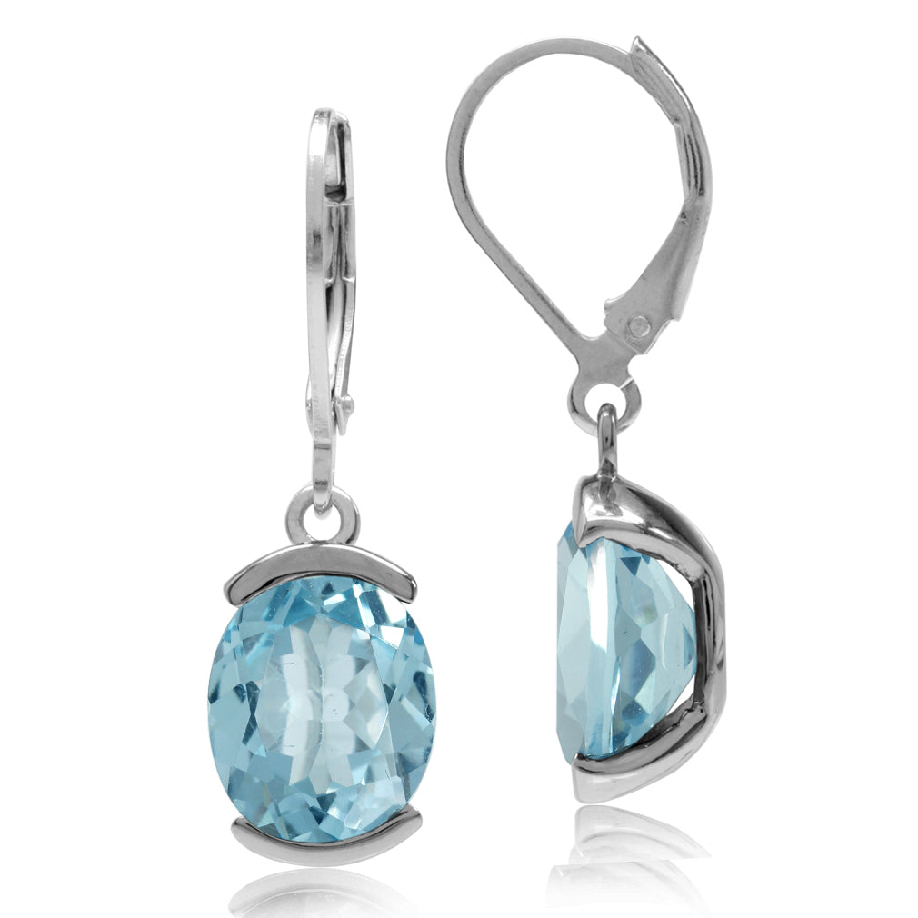 8.12ct. Genuine Oval Shape Blue Topaz White Gold Plated 925 Sterling Silver Leverback Earrings - Silvershake-store