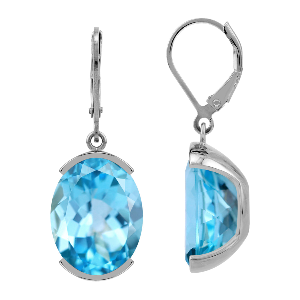Silvershake 21.66ct. Genuine Oval Shape Blue Topaz White Gold Plated 925 Sterling Silver Leverback Earrings - Silvershake-store