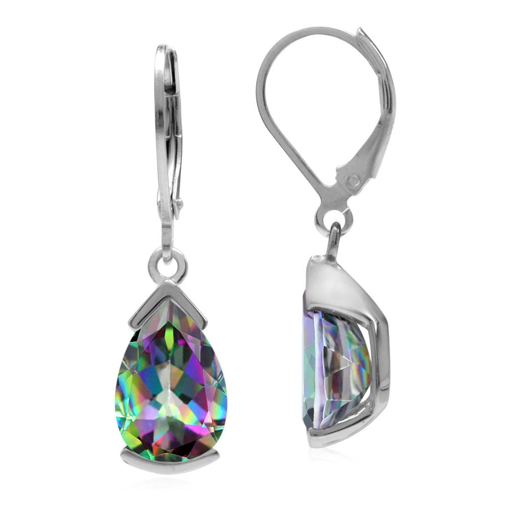 7.3ct. 12x8mm Pear Shape Mystic Fire Topaz 925 Sterling Silver Drop Leverback Earrings - Silvershake-store