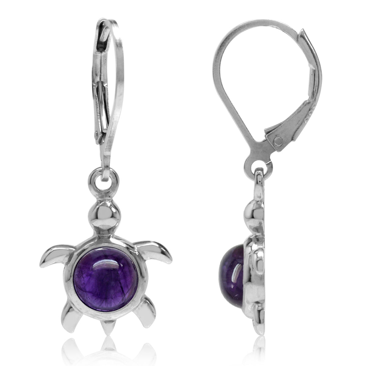 Cabochon Amethyst White Gold Plated 925 Sterling Silver Turtle Leverback Dangle Earrings - Silvershake-store