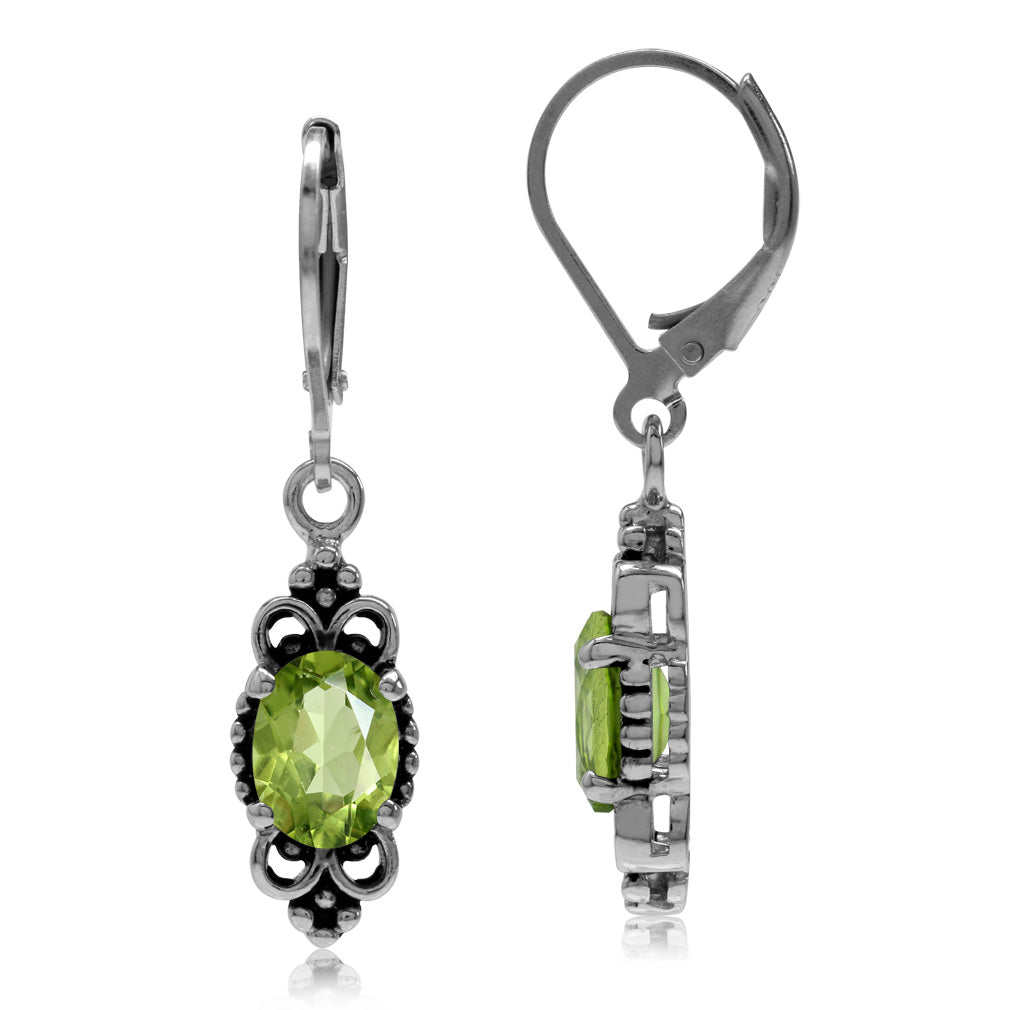 2.68ct. Natural Peridot 925 Sterling Silver Balinese Style Leverback Dangle Earrings - Silvershake-store