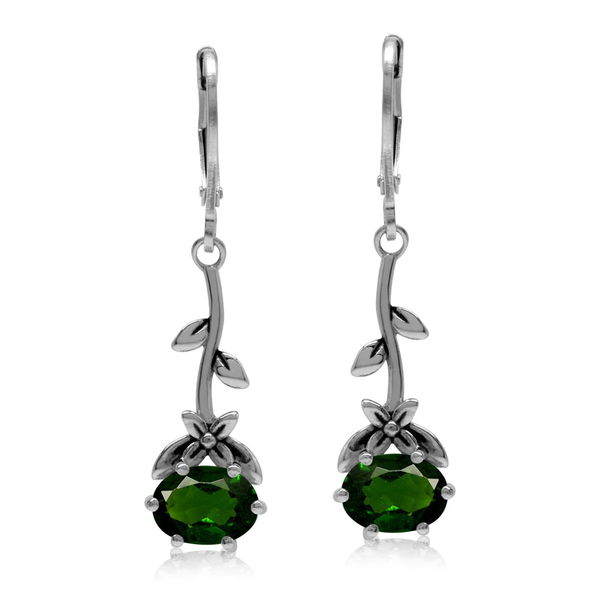 2.3ct. Green Chrome Diopside 925 Sterling Silver Flower and Leaf Vintage Inspired Leverback Earrings - Silvershake-store