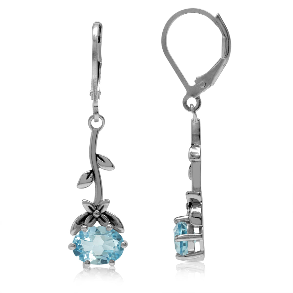 3.02ct. Genuine Blue Topaz 925 Sterling Silver Flower and Leaf Vintage Inspired Leverback Dangle Earrings - Silvershake-store