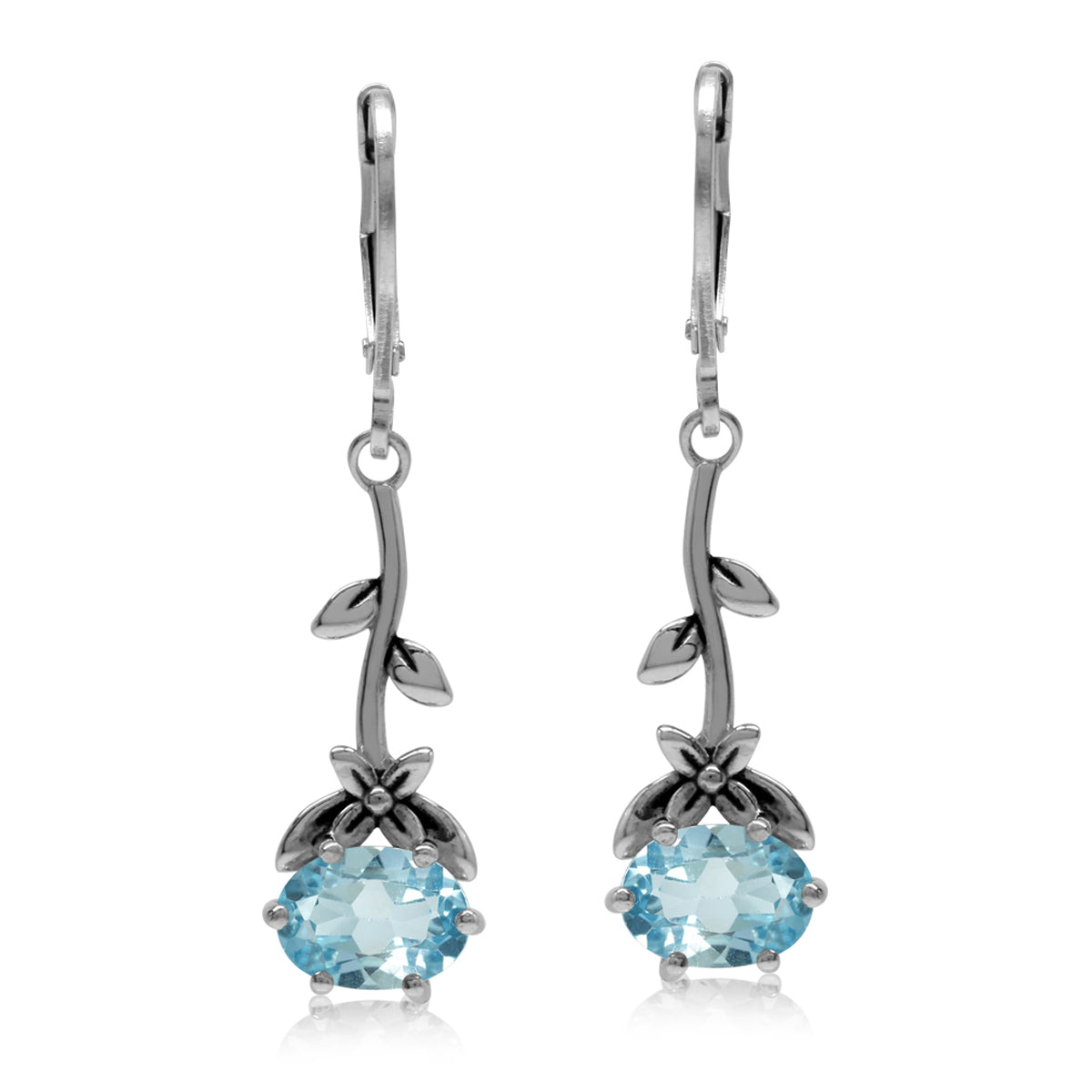 3.02ct. Genuine Blue Topaz 925 Sterling Silver Flower and Leaf Vintage Inspired Leverback Dangle Earrings - Silvershake-store