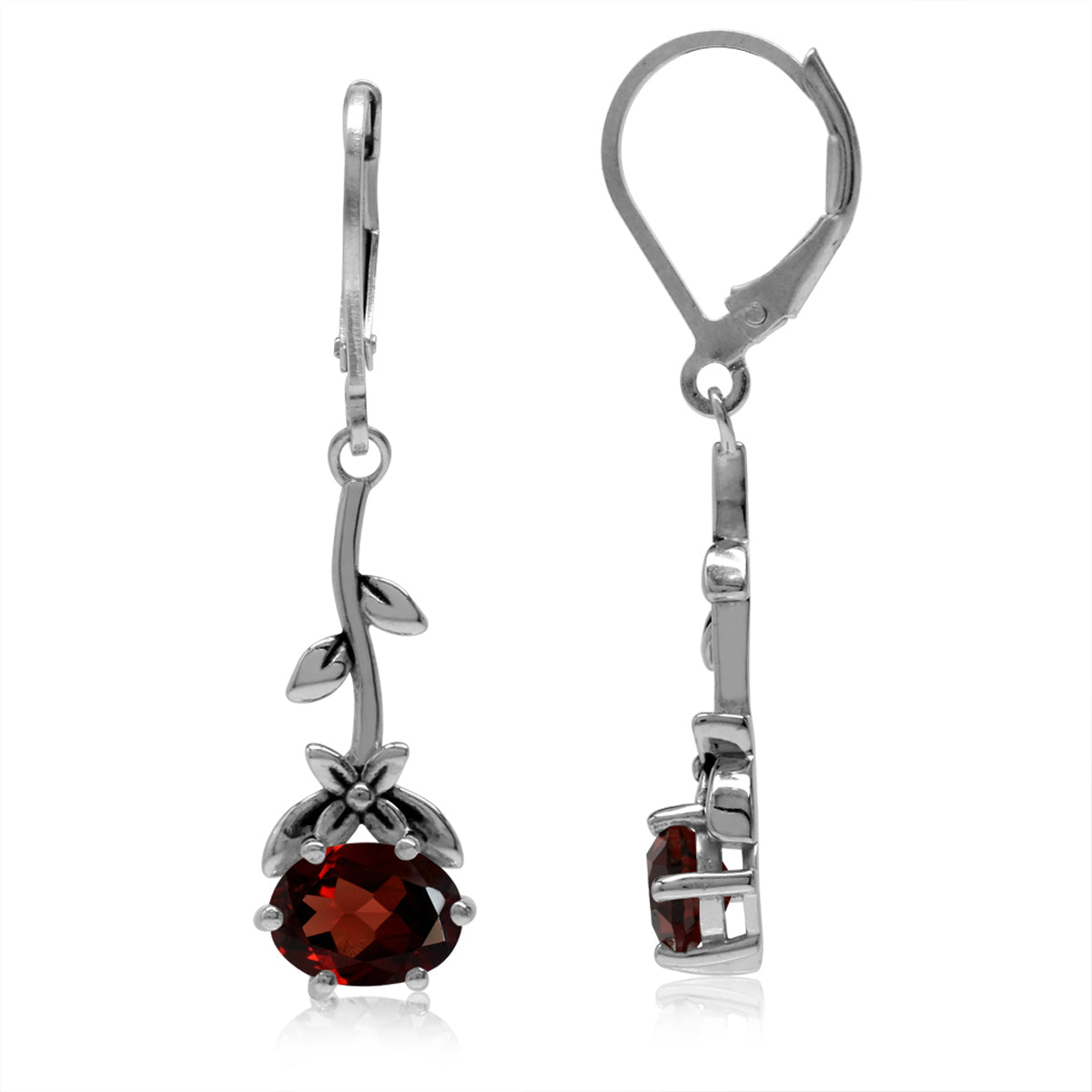 2.9ct. Natural Garnet 925 Sterling Silver Flower and Leaf Vintage Inspired Leverback Dangle Earrings - Silvershake-store