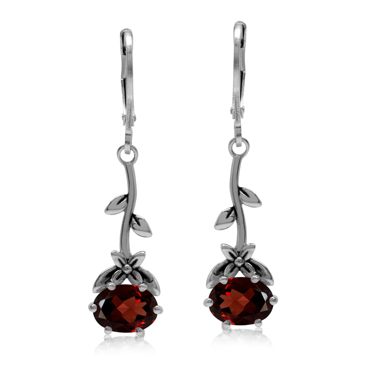 2.9ct. Natural Garnet 925 Sterling Silver Flower and Leaf Vintage Inspired Leverback Dangle Earrings - Silvershake-store