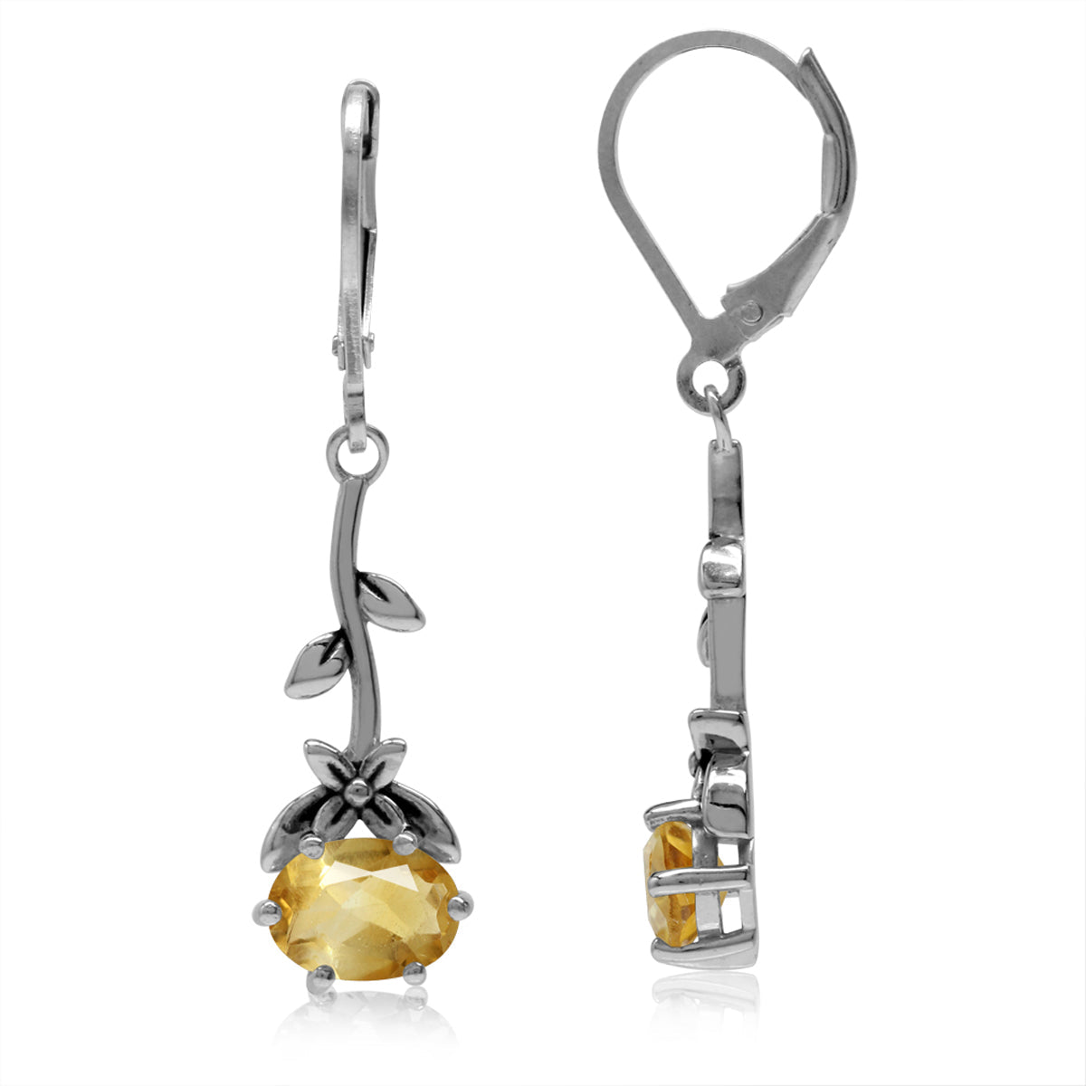 2.16ct. Genuine Citrine 925 Sterling Silver Flower and Leaf Vintage Inspired Leverback Dangle Earrings - Silvershake-store