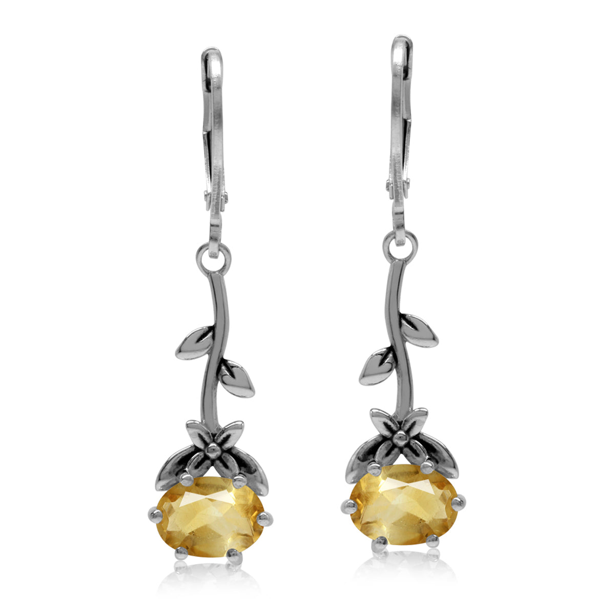 2.16ct. Genuine Citrine 925 Sterling Silver Flower and Leaf Vintage Inspired Leverback Dangle Earrings - Silvershake-store