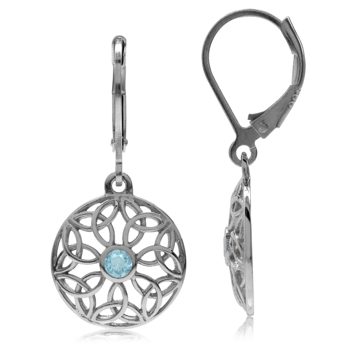 Genuine Blue Topaz 925 Sterling Silver Triquetra Celtic Knot Circle Leverback Dangle Earrings - Silvershake-store