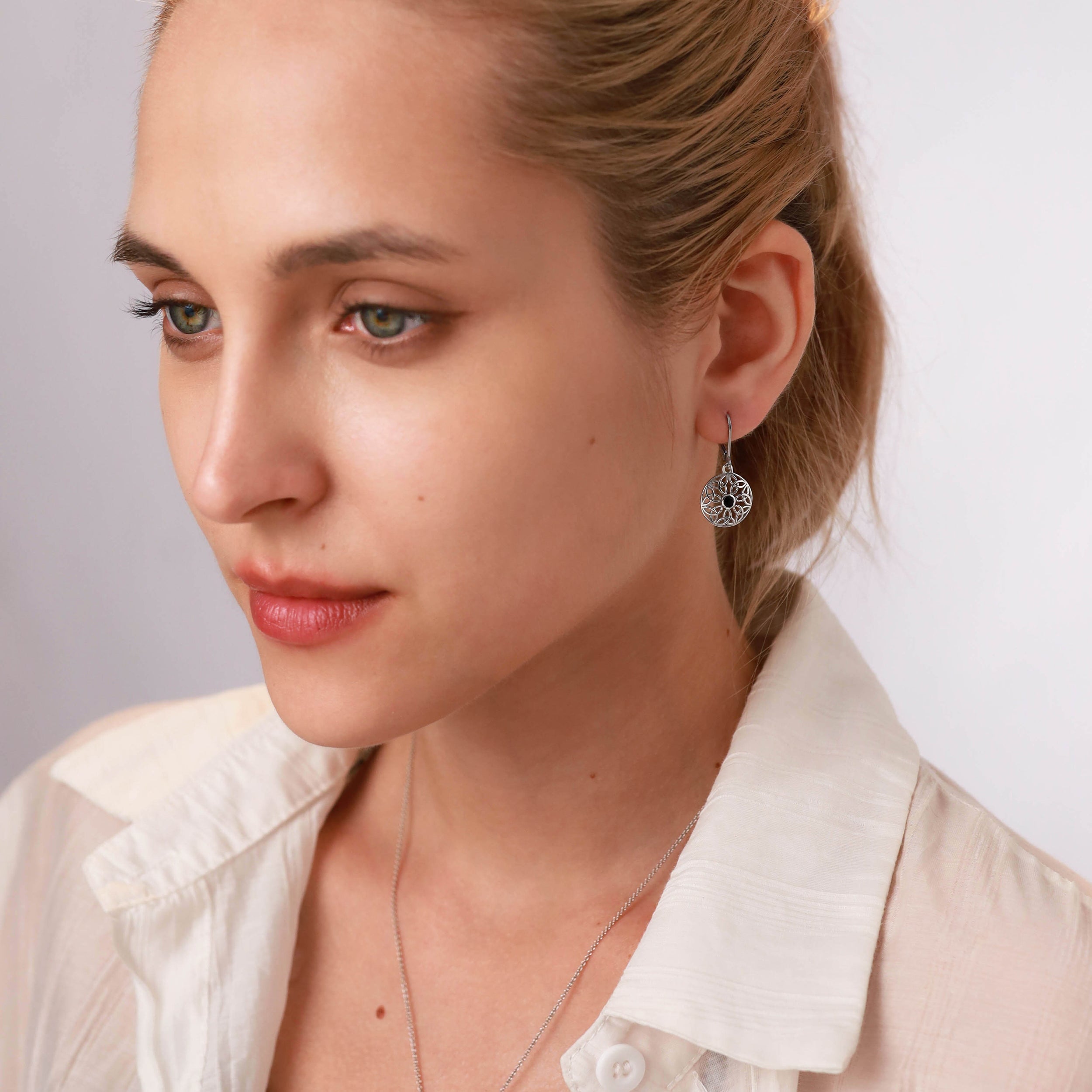 Genuine Blue Topaz 925 Sterling Silver Triquetra Celtic Knot Circle Leverback Dangle Earrings - Silvershake-store