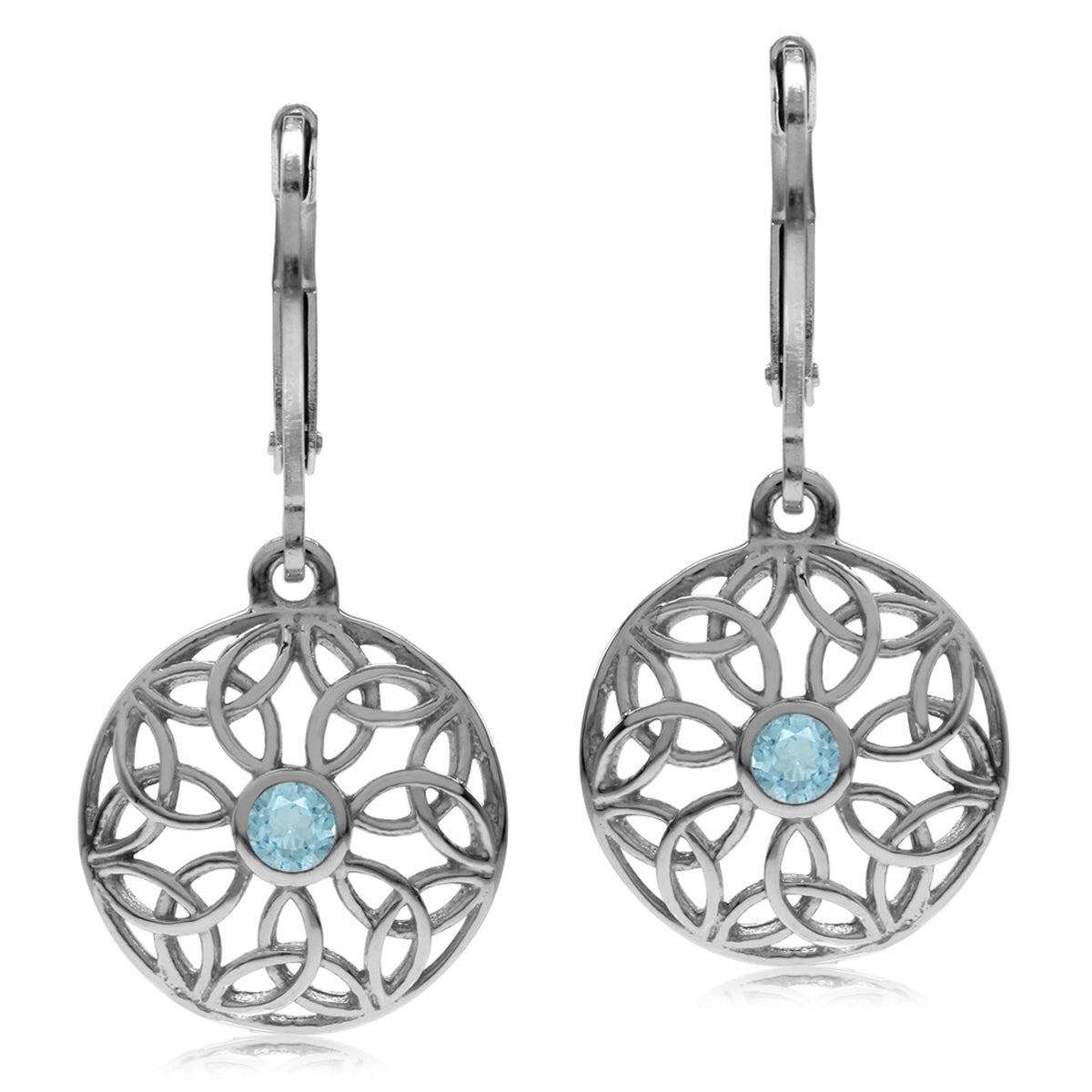 Genuine Blue Topaz 925 Sterling Silver Triquetra Celtic Knot Circle Leverback Dangle Earrings - Silvershake-store