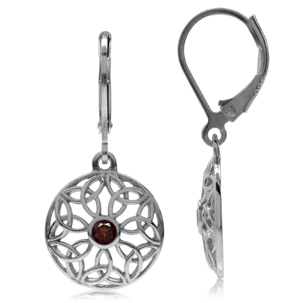 Natural Garnet 925 Sterling Silver Triquetra Celtic Knot Circle Leverback Dangle Earrings - Silvershake-store
