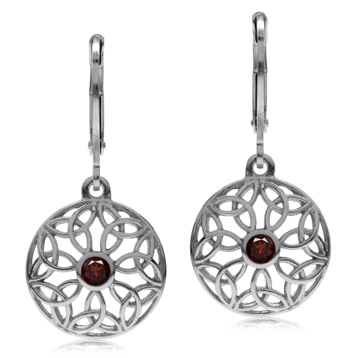 Natural Garnet 925 Sterling Silver Triquetra Celtic Knot Circle Leverback Dangle Earrings - Silvershake-store