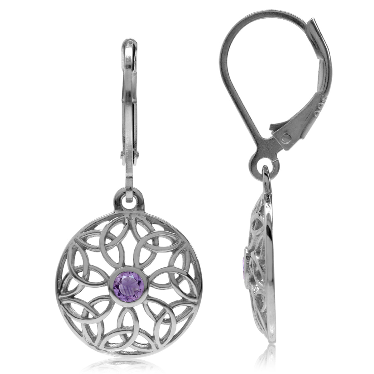 Natural Amethyst 925 Sterling Silver Triquetra Celtic Knot Circle Leverback Dangle Earrings - Silvershake-store