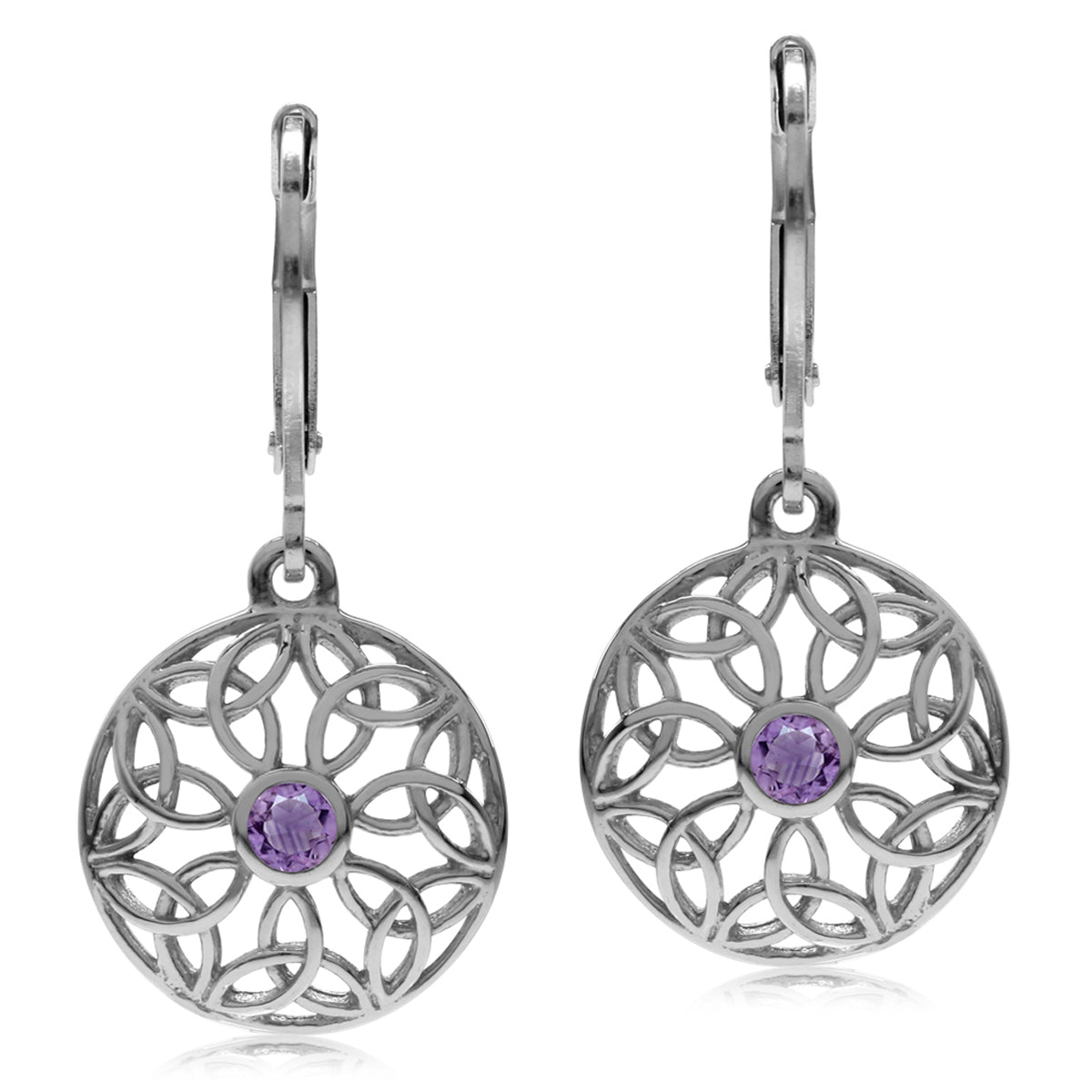Natural Amethyst 925 Sterling Silver Triquetra Celtic Knot Circle Leverback Dangle Earrings - Silvershake-store