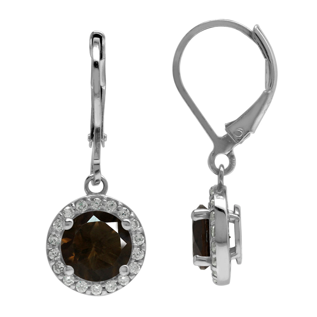2.22ct. 7mm Natural Round Shape Smoky Quartz 925 Sterling Silver Halo Leverback Earrings - Silvershake-store