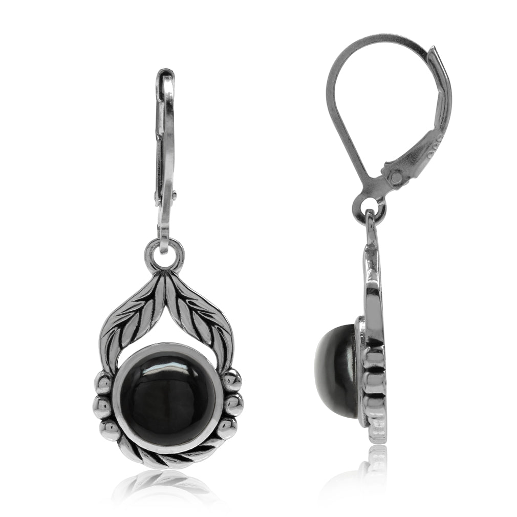 Created Black Onyx 925 Sterling Silver Leaf and Rope Leverback Dangle Earrings - Silvershake-store