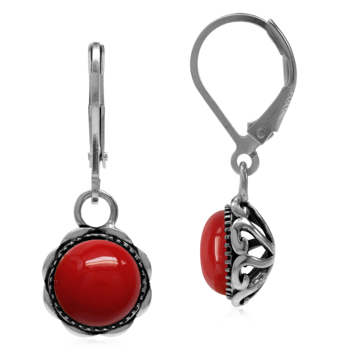 Created Red Coral 925 Sterling Silver Filigree Leverback Dangle Earrings - Silvershake-store