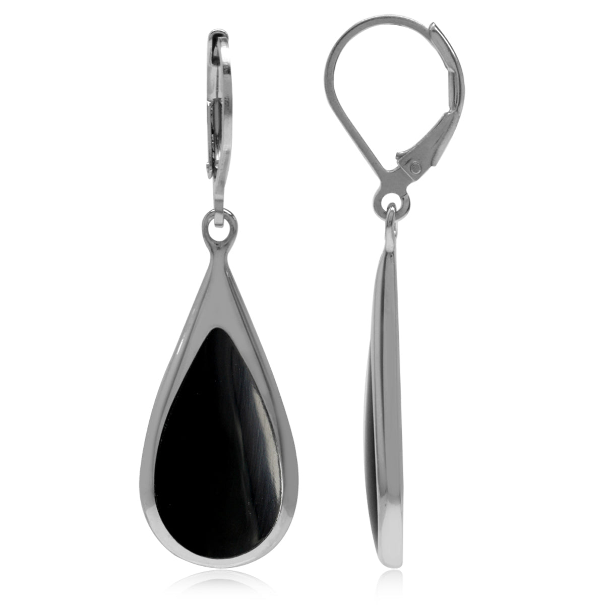 Created Black Onyx Inlay White Gold Plated 925 Sterling Silver Drop Dangle Leverback Earrings - Silvershake-store