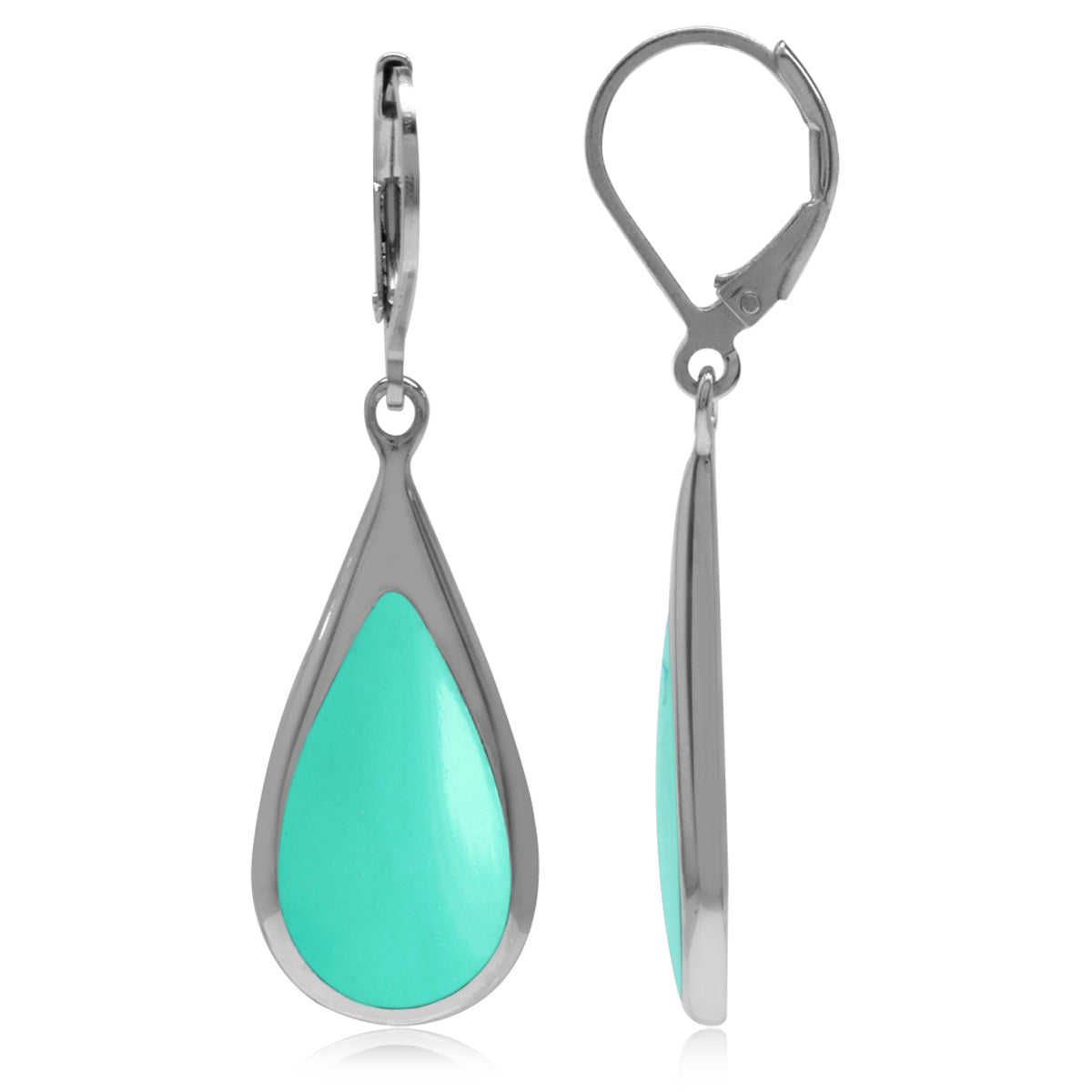 Created Green Turquoise Inlay White Gold Plated 925 Sterling Silver Drop Dangle Leverback Earrings - Silvershake-store