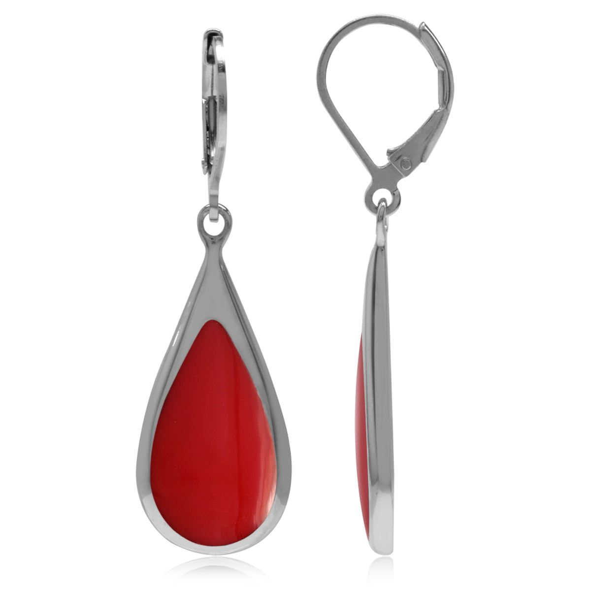 Created Red Coral Inlay White Gold Plated 925 Sterling Silver Drop Dangle Leverback Earrings - Silvershake-store