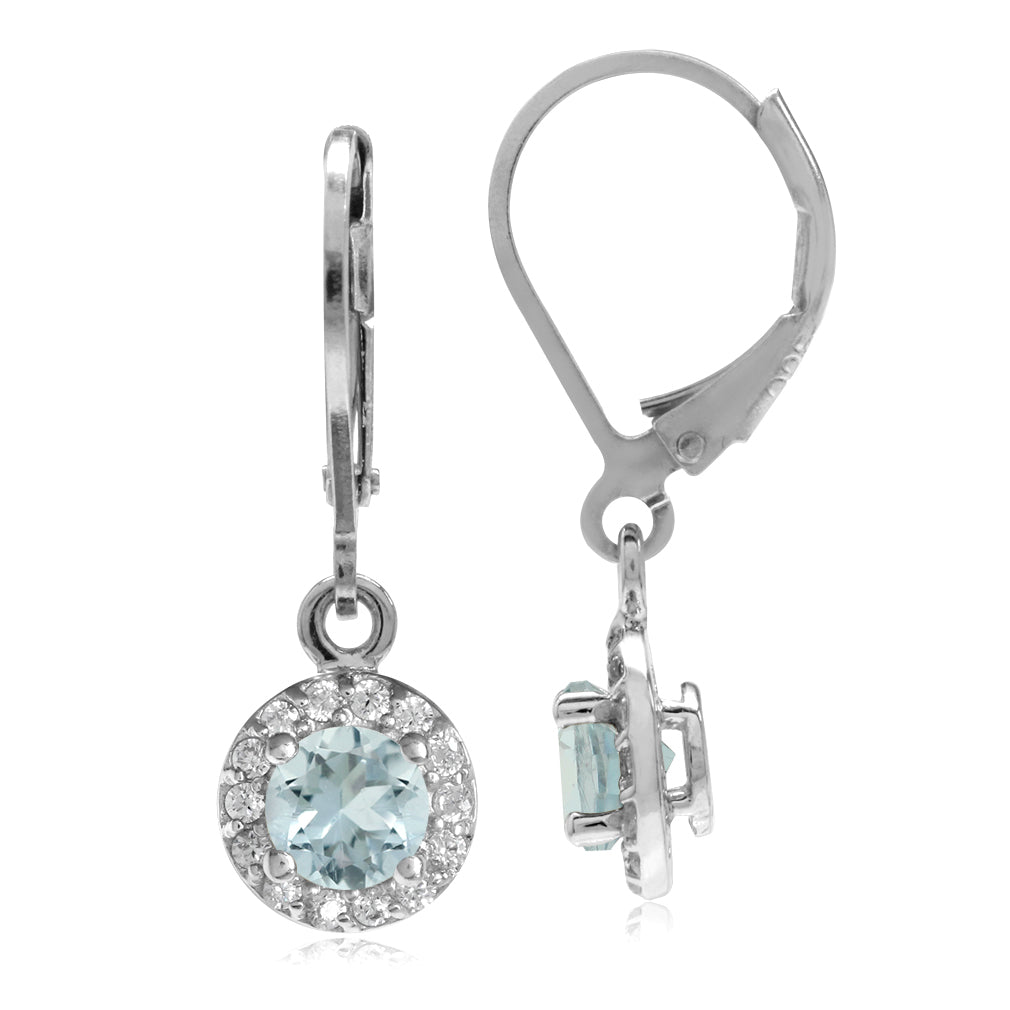 5mm Genuine Blue Aquamarine and White Cubic Zirconia Gold Plated 925 Sterling Silver Halo Leverback Earrings - Silvershake-store