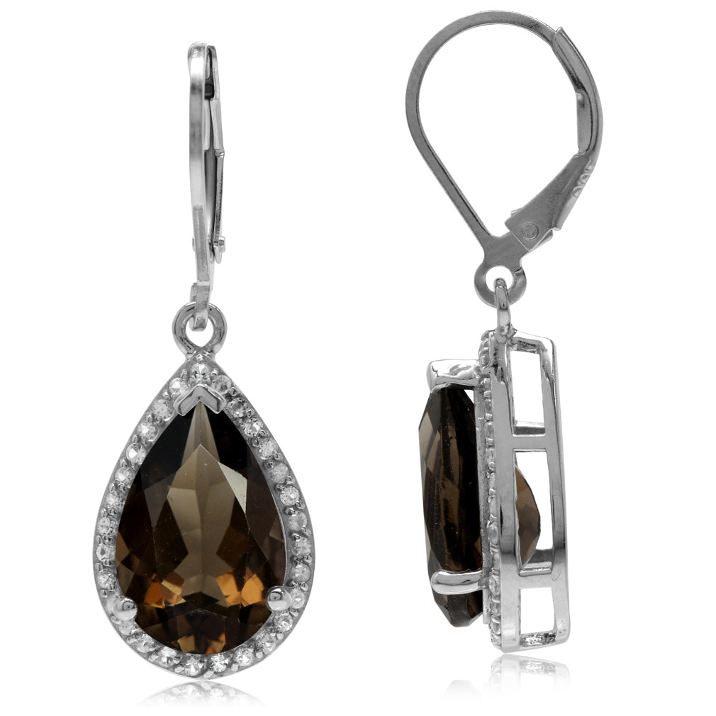 7.52ct. Natural Smoky Quartz and White Topaz Gold Plated 925 Sterling Silver Drop Leverback Earrings - Silvershake-store