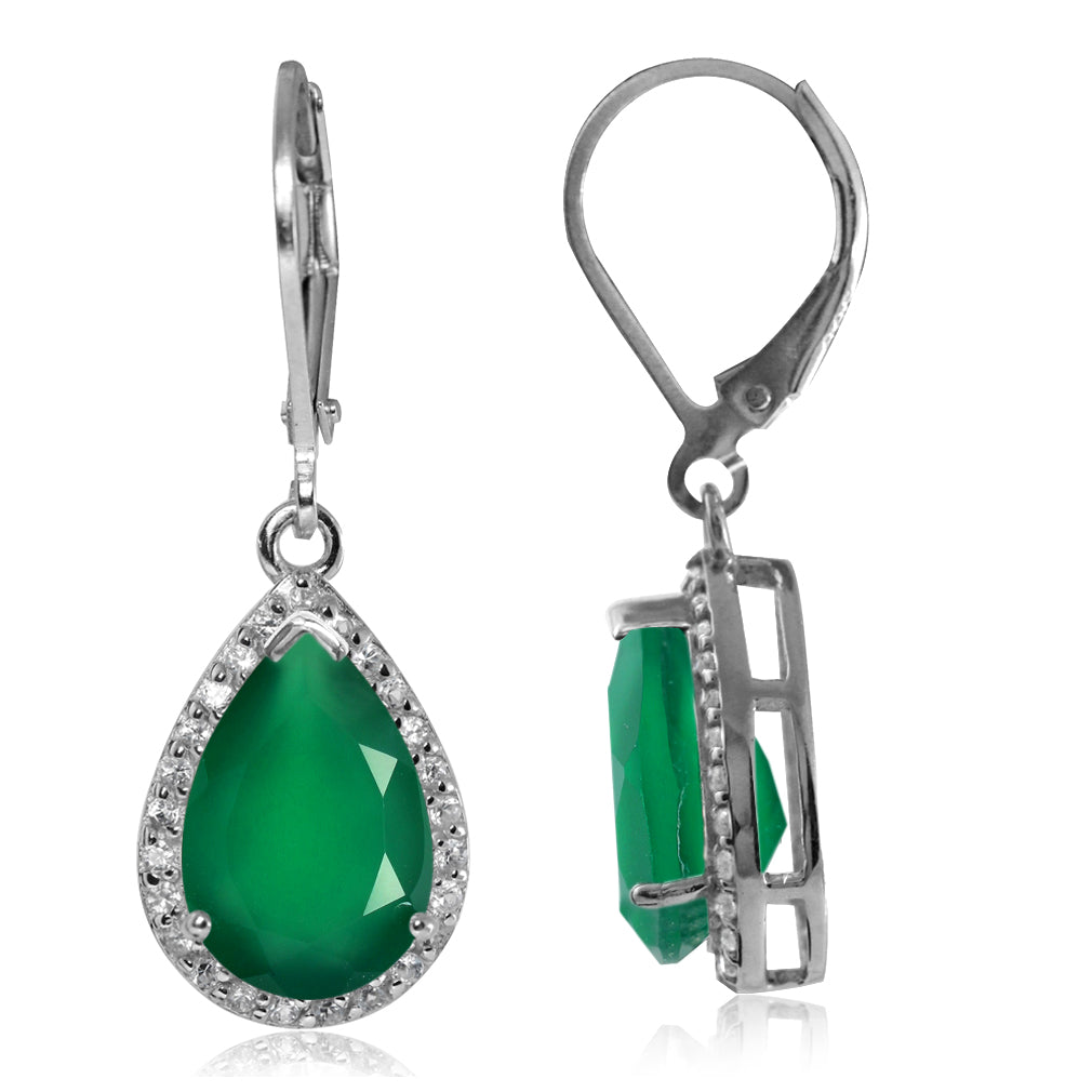 5.26ct. Natural Emerald Green Agate and White Topaz 925 Sterling Silver Drop Dangle Leverback Earrings - Silvershake-store