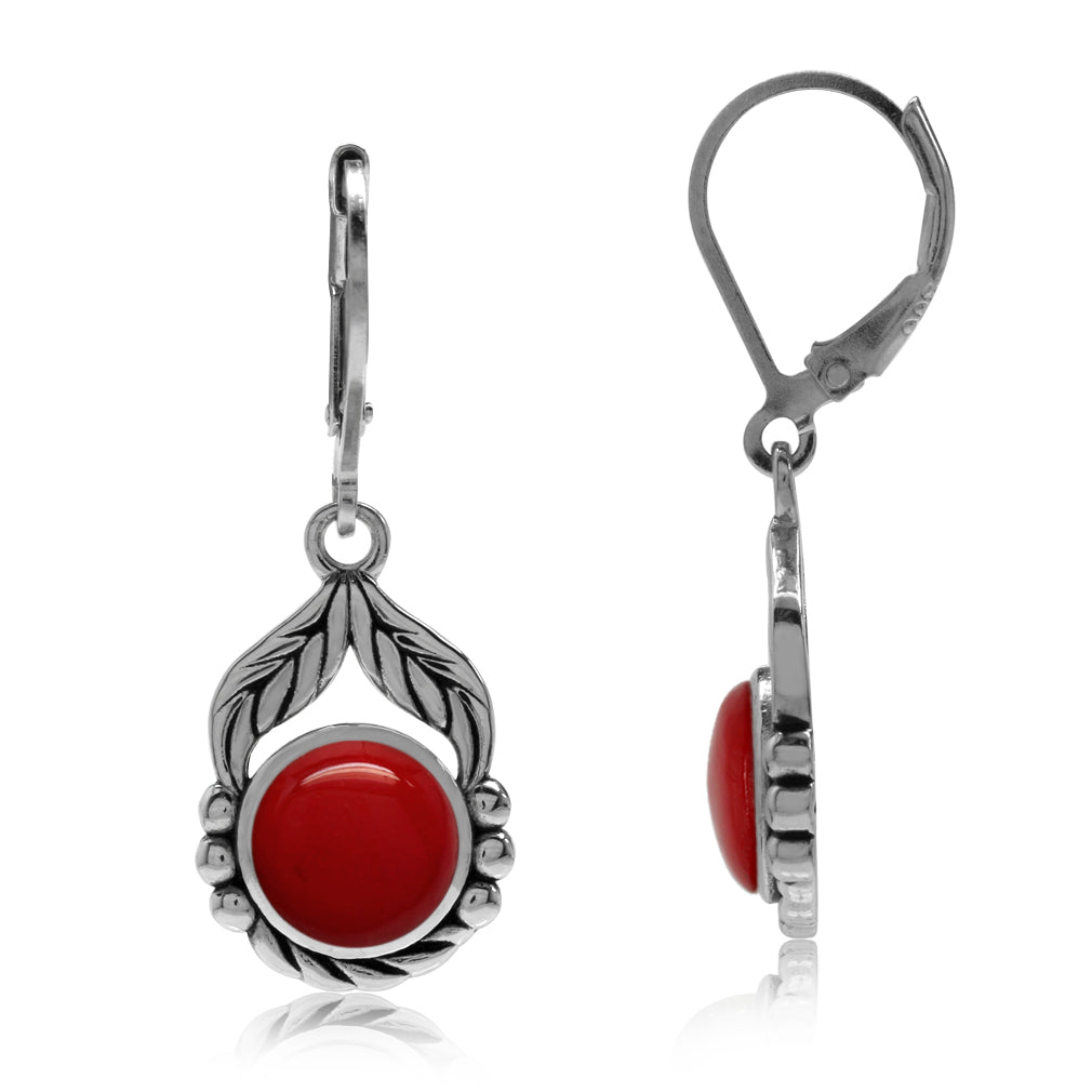 Created Red Coral 925 Sterling Silver Leaf and Rope Leverback Dangle Earrings - Silvershake-store