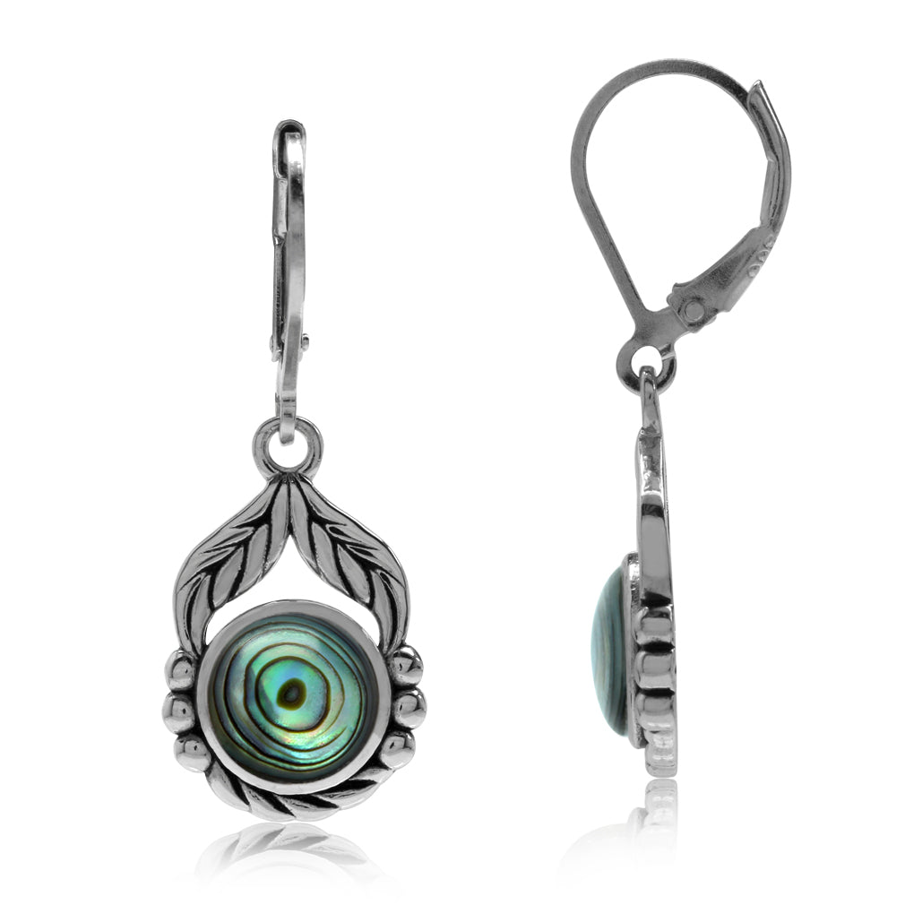 Abalone Paua Shell 925 Sterling Silver Leaf and Rope Leverback Dangle Earrings - Silvershake-store